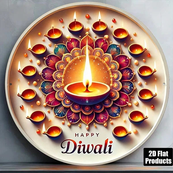Aeelleea Happy Diwali 2D Flat Round Metal Sign, 8x8 Inch Diwali Festival Decor Plaque for Home Religious Celebration Gift
