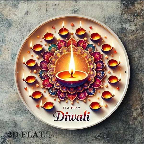 Aeelleea Happy Diwali 2D Flat Round Metal Sign, 8x8 Inch Diwali Festival Decor Plaque for Home Religious Celebration Gift