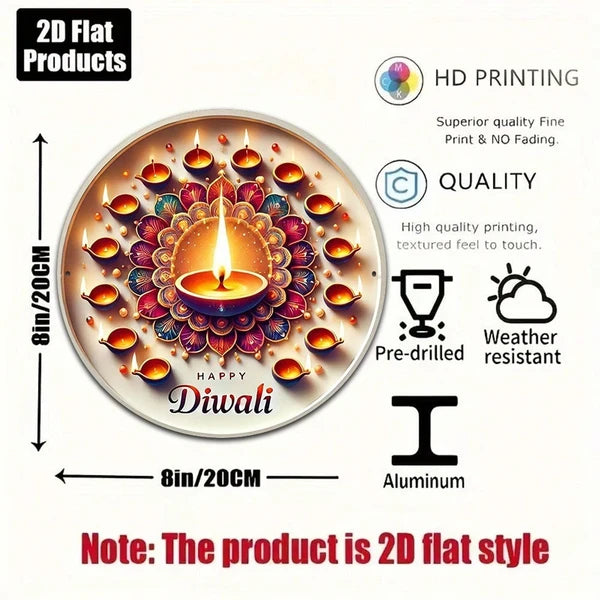 Aeelleea Happy Diwali 2D Flat Round Metal Sign, 8x8 Inch Diwali Festival Decor Plaque for Home Religious Celebration Gift