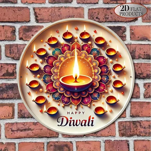 Aeelleea Happy Diwali 2D Flat Round Metal Sign, 8x8 Inch Diwali Festival Decor Plaque for Home Religious Celebration Gift