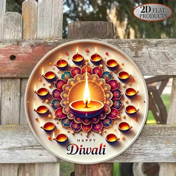 Aeelleea Happy Diwali 2D Flat Round Metal Sign, 8x8 Inch Diwali Festival Decor Plaque for Home Religious Celebration Gift