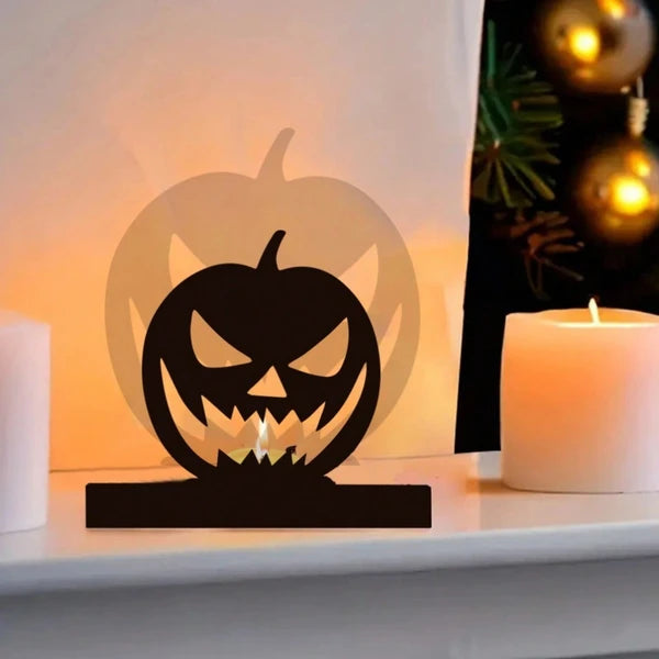 Halloween Pumpkin Candle Holder, Classic Black Candlestick, Spooky Haunted House Table Centerpiece for Home Decor & Holiday Gift