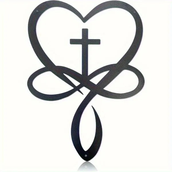Paint‑Baked Metal Wall Art, Cross Heart Infinity Ichthys Christian Faith Symbol Decor for Home, Living Room, Bedroom & Housewarming Gift