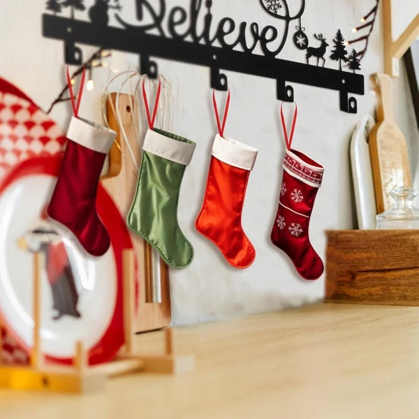 Aeelleea Christmas Stocking Holder, Metal Wall Mount Hook with Believe Snowman Reindeer Pattern, 5 Hooks, Holiday Decor for Mantel Wall