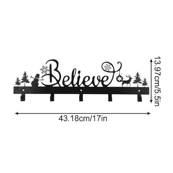 Aeelleea Christmas Stocking Holder, Metal Wall Mount Hook with Believe Snowman Reindeer Pattern, 5 Hooks, Holiday Decor for Mantel Wall