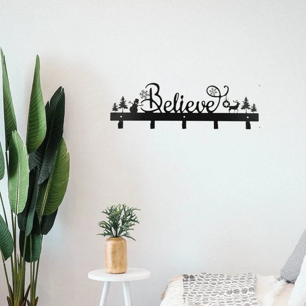 Aeelleea Christmas Stocking Holder, Metal Wall Mount Hook with Believe Snowman Reindeer Pattern, 5 Hooks, Holiday Decor for Mantel Wall