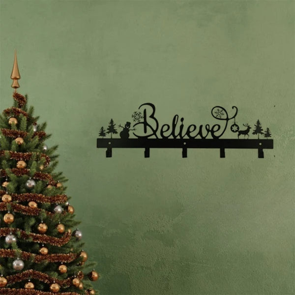 Aeelleea Christmas Stocking Holder, Metal Wall Mount Hook with Believe Snowman Reindeer Pattern, 5 Hooks, Holiday Decor for Mantel Wall