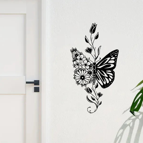 AEELLEEA Metal Butterfly Floral Wall Art, Black Iron Butterfly with Wildflowers Wall Hanging Decor, Boho Botanical Metal Wall Sculpture for Bedroom Living Room Office