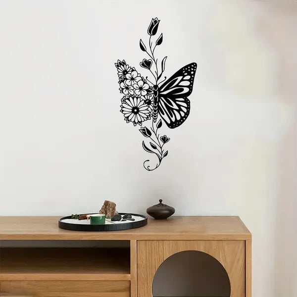 AEELLEEA Metal Butterfly Floral Wall Art, Black Iron Butterfly with Wildflowers Wall Hanging Decor, Boho Botanical Metal Wall Sculpture for Bedroom Living Room Office