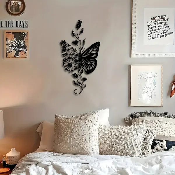 AEELLEEA Metal Butterfly Floral Wall Art, Black Iron Butterfly with Wildflowers Wall Hanging Decor, Boho Botanical Metal Wall Sculpture for Bedroom Living Room Office