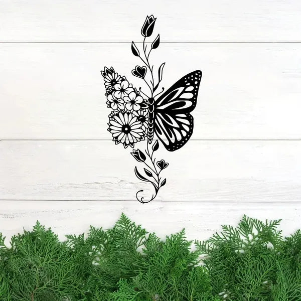 AEELLEEA Metal Butterfly Floral Wall Art, Black Iron Butterfly with Wildflowers Wall Hanging Decor, Boho Botanical Metal Wall Sculpture for Bedroom Living Room Office