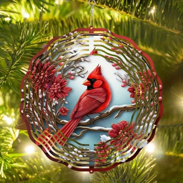 Cardinal Wind Spinner with Pine & Floral Design, Vibrant Red Metal Outdoor Hanging Decor for Garden, Patio, Lawn & Holiday Ornament