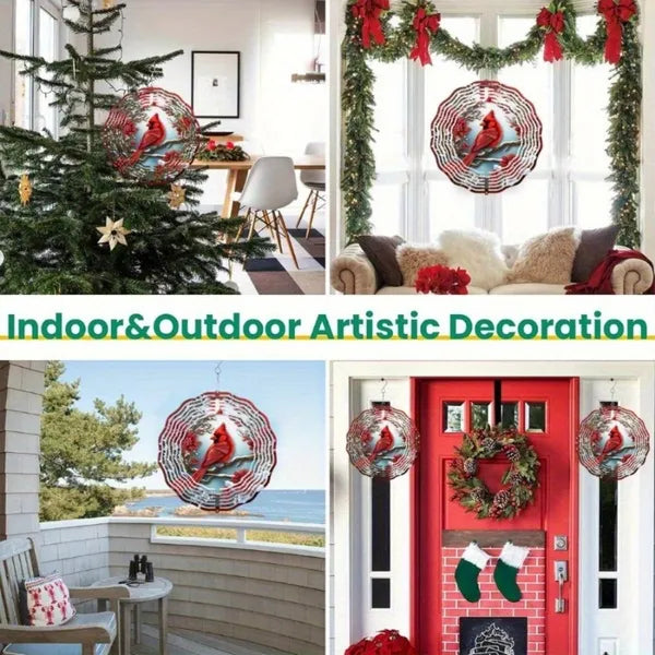 Cardinal Wind Spinner with Pine & Floral Design, Vibrant Red Metal Outdoor Hanging Decor for Garden, Patio, Lawn & Holiday Ornament