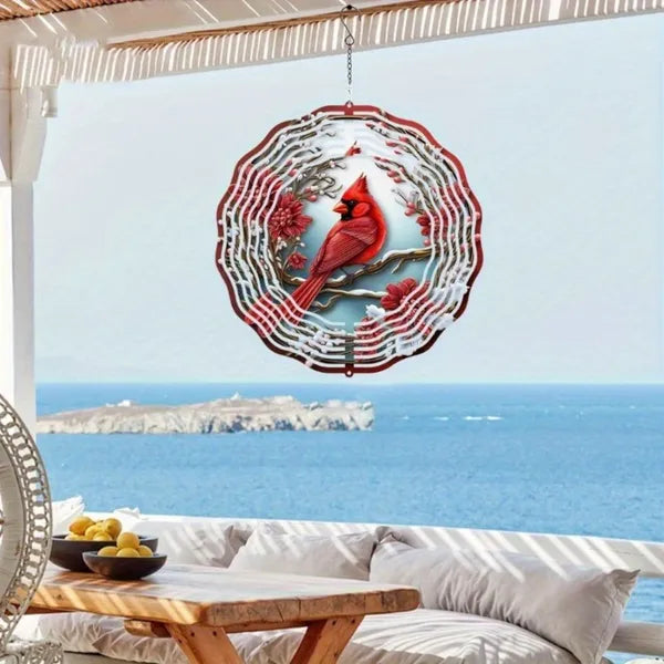 Cardinal Wind Spinner with Pine & Floral Design, Vibrant Red Metal Outdoor Hanging Decor for Garden, Patio, Lawn & Holiday Ornament