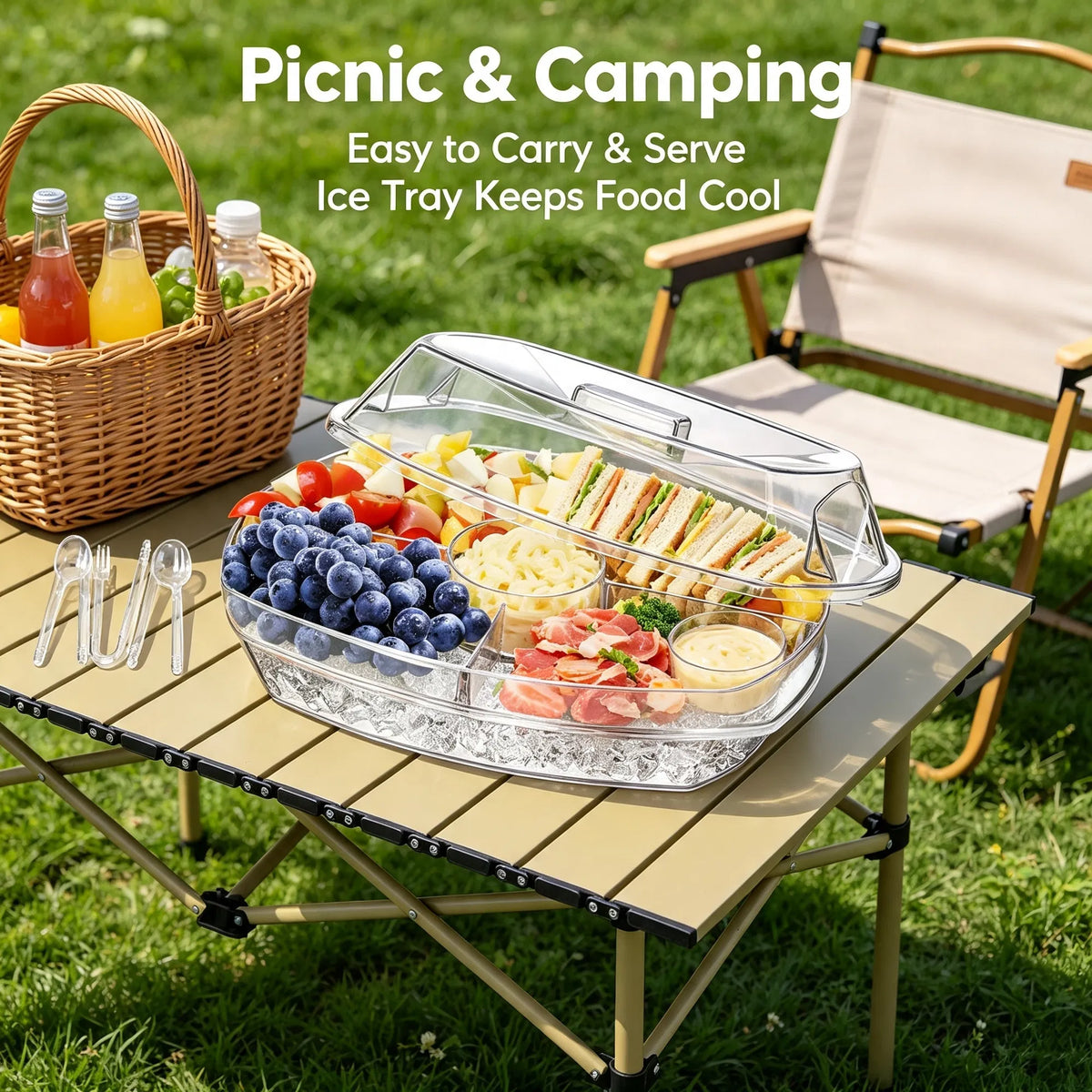 3-Piece Clear Divided Cold Food Serving Tray Kit with Ice Tray Lid, 3 Tongs & 10 Sporks for Fruit, Appetizers, Sushi & Picnic