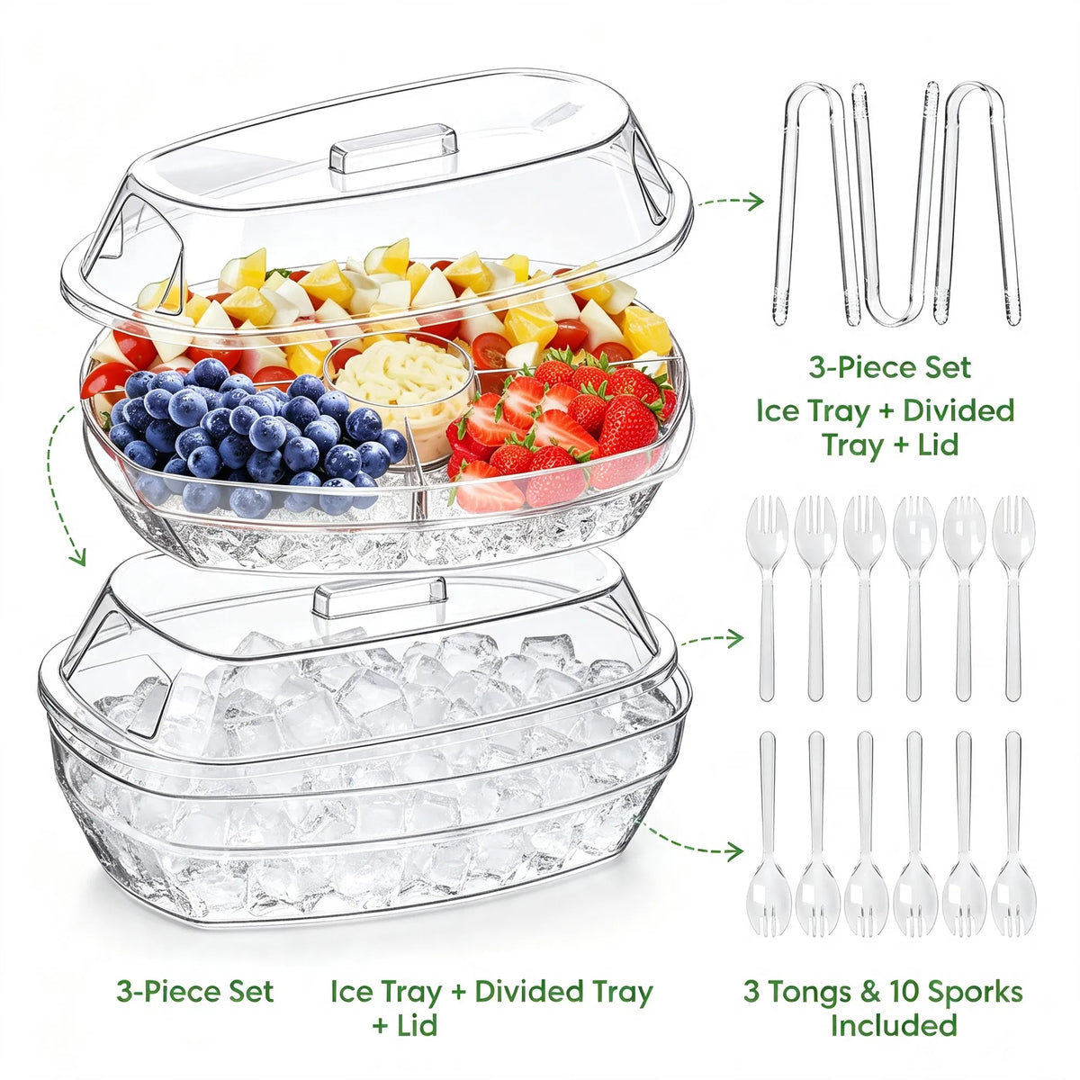 3-Piece Clear Divided Cold Food Serving Tray Kit with Ice Tray Lid, 3 Tongs & 10 Sporks for Fruit, Appetizers, Sushi & Picnic