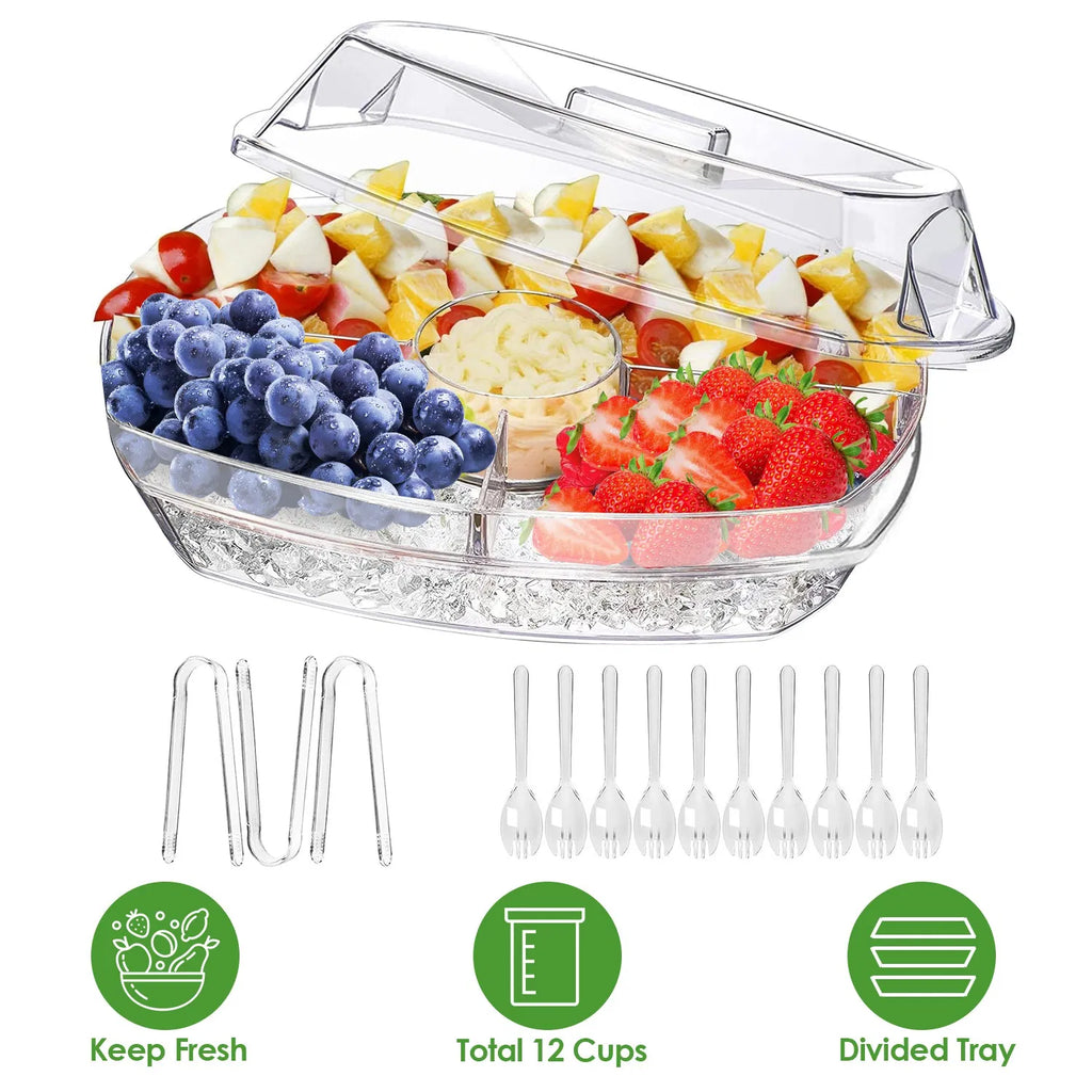 3-Piece Clear Divided Cold Food Serving Tray Kit with Ice Tray Lid, 3 Tongs & 10 Sporks for Fruit, Appetizers, Sushi & Picnic