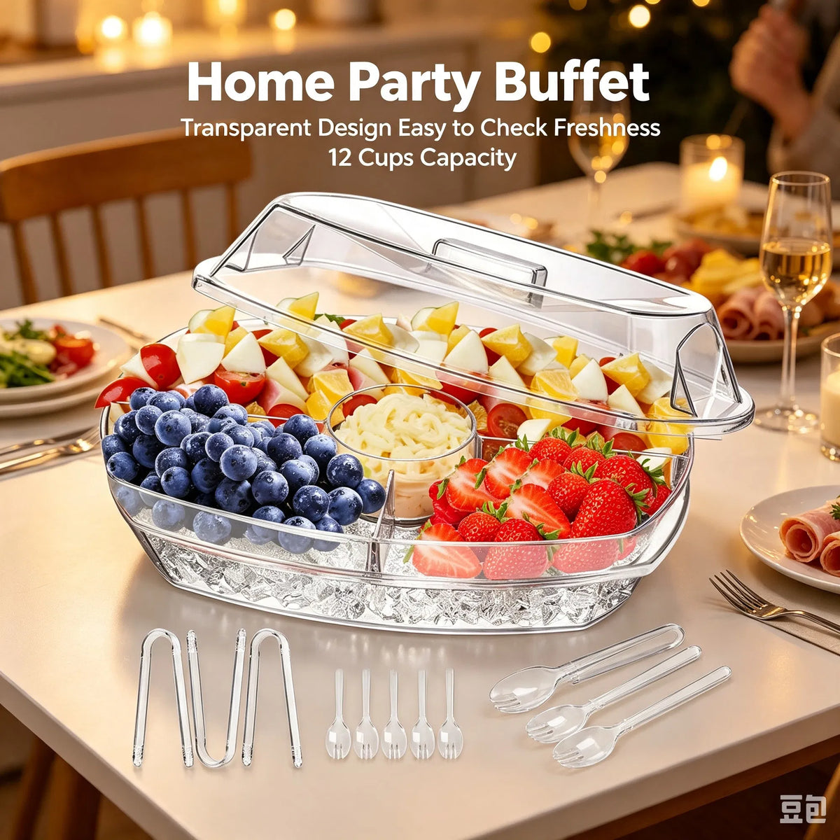 3-Piece Clear Divided Cold Food Serving Tray Kit with Ice Tray Lid, 3 Tongs & 10 Sporks for Fruit, Appetizers, Sushi & Picnic