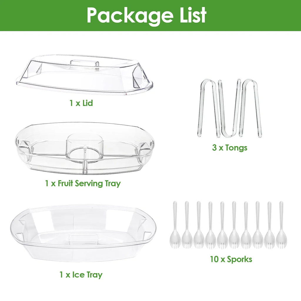 3-Piece Clear Divided Cold Food Serving Tray Kit with Ice Tray Lid, 3 Tongs & 10 Sporks for Fruit, Appetizers, Sushi & Picnic