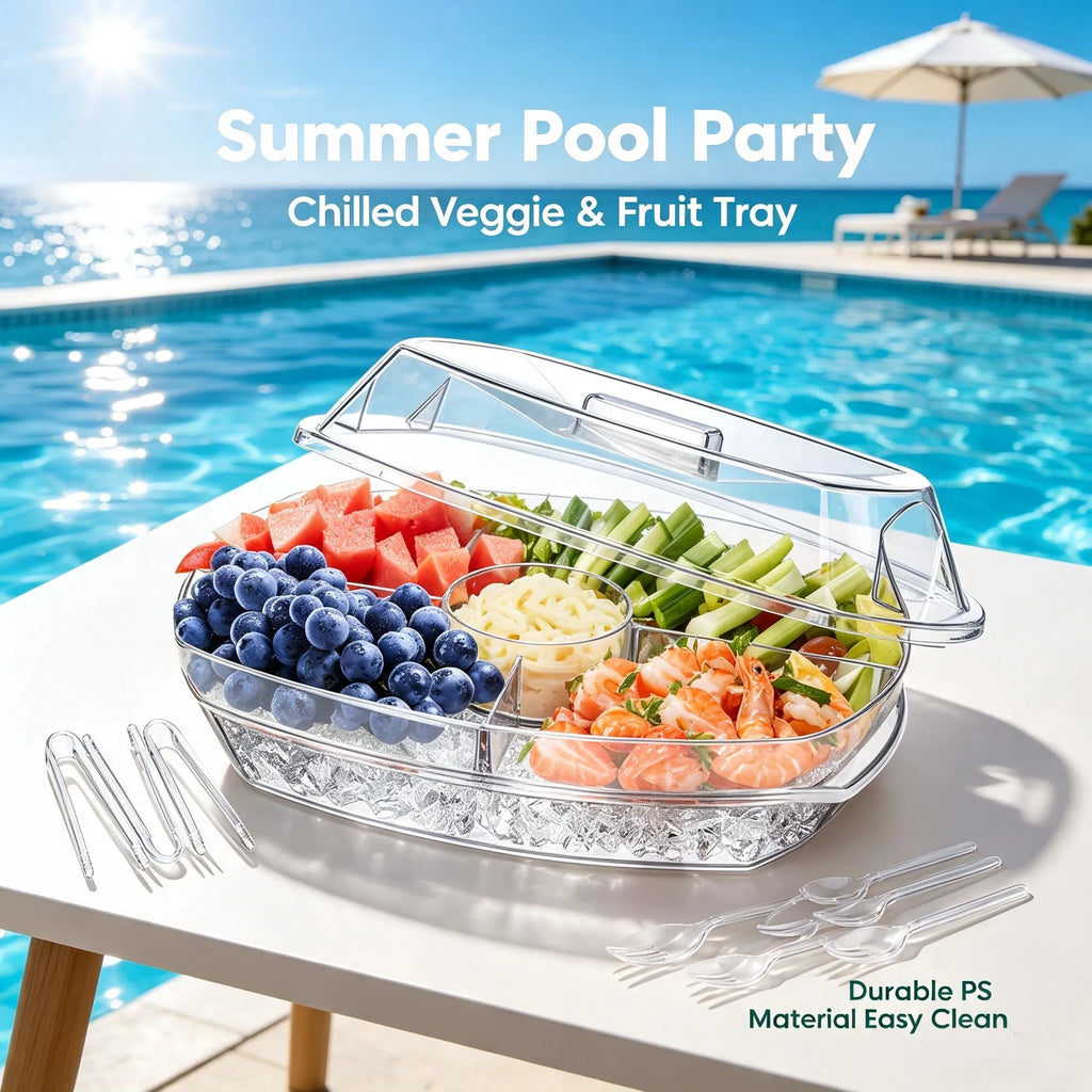 3-Piece Clear Divided Cold Food Serving Tray Kit with Ice Tray Lid, 3 Tongs & 10 Sporks for Fruit, Appetizers, Sushi & Picnic