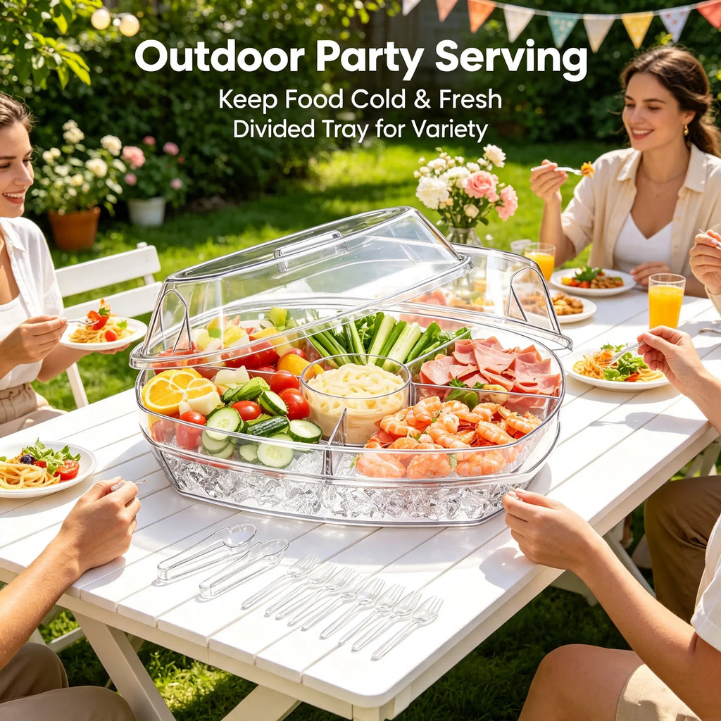 3-Piece Clear Divided Cold Food Serving Tray Kit with Ice Tray Lid, 3 Tongs & 10 Sporks for Fruit, Appetizers, Sushi & Picnic
