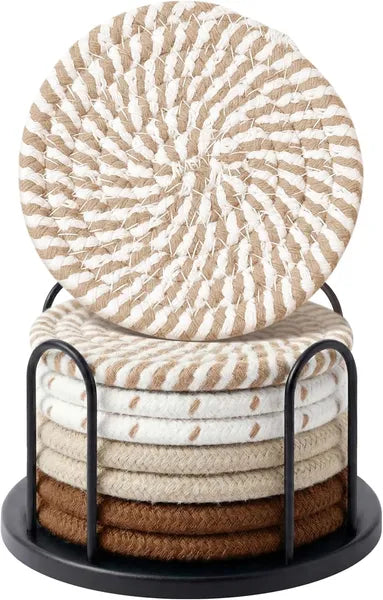 Aeelleea 8Pcs Woven Coasters Set, 4 Inch Cotton Absorbent Drink Coasters with Metal Holder, Boho Style for Coffee Beer Cups, 4 Mixed Colors