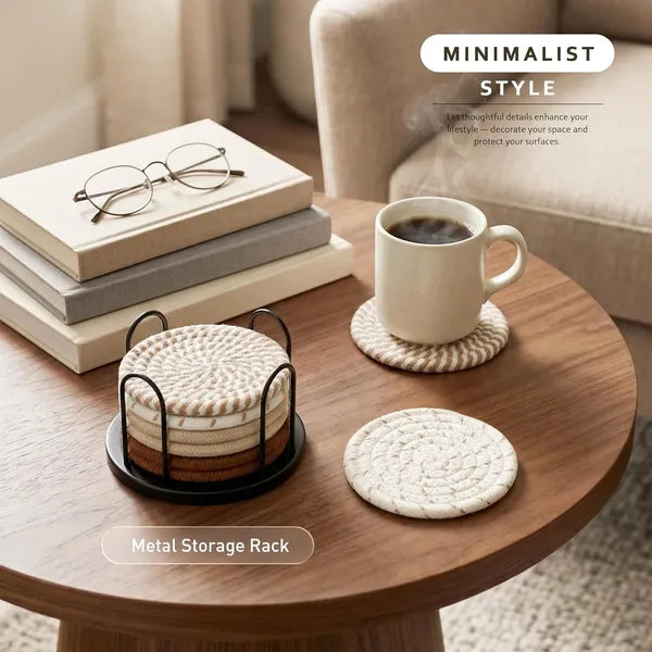 Aeelleea 8Pcs Woven Coasters Set, 4 Inch Cotton Absorbent Drink Coasters with Metal Holder, Boho Style for Coffee Beer Cups, 4 Mixed Colors