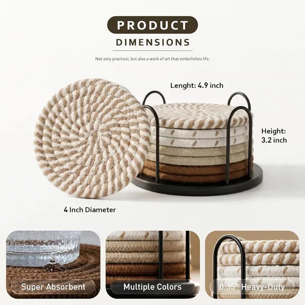 Aeelleea 8Pcs Woven Coasters Set, 4 Inch Cotton Absorbent Drink Coasters with Metal Holder, Boho Style for Coffee Beer Cups, 4 Mixed Colors