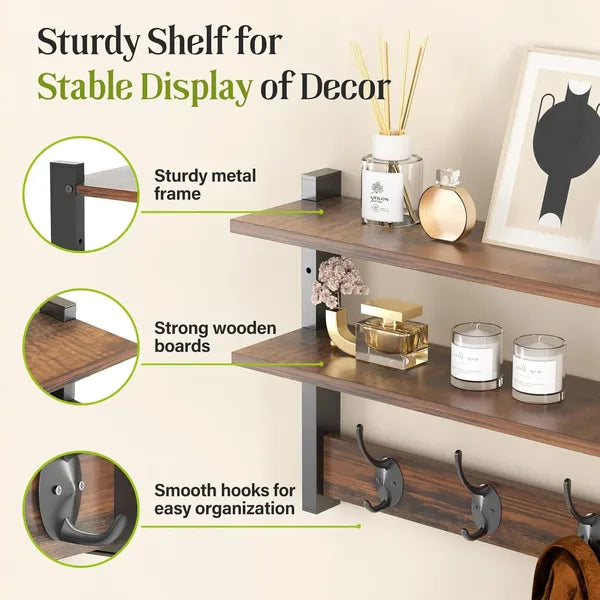 Aeelleea 2-Tier Floating Wall Shelves With 4 Hooks, 17×4.5×11.1in Rustic Wood and Metal Entryway Storage Rack