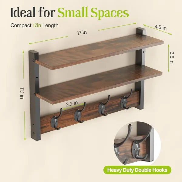 Aeelleea 2-Tier Floating Wall Shelves With 4 Hooks, 17×4.5×11.1in Rustic Wood and Metal Entryway Storage Rack