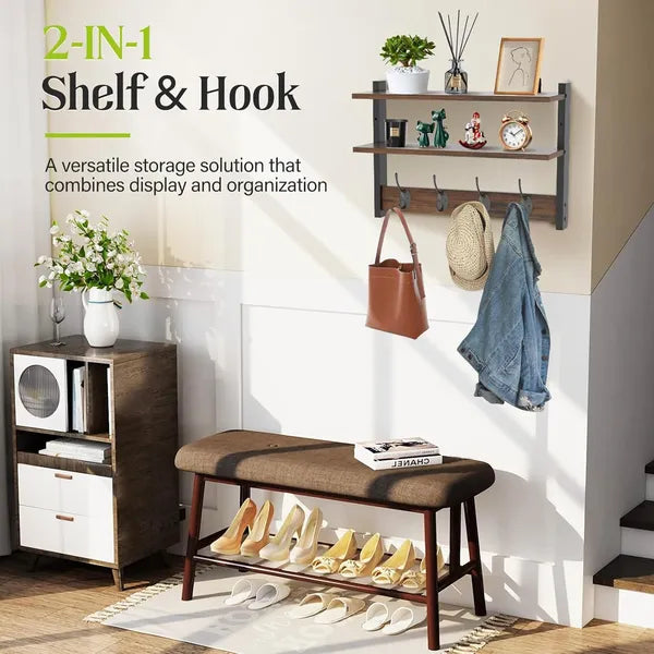 Aeelleea 2-Tier Floating Wall Shelves With 4 Hooks, 17×4.5×11.1in Rustic Wood and Metal Entryway Storage Rack