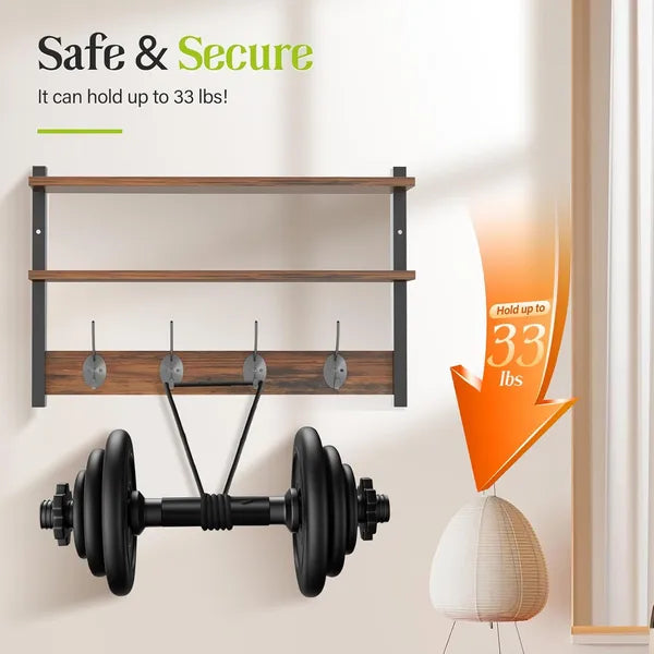 Aeelleea 2-Tier Floating Wall Shelves With 4 Hooks, 17×4.5×11.1in Rustic Wood and Metal Entryway Storage Rack