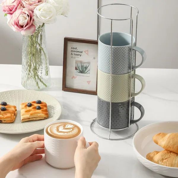 Aeelleea Stackable Ceramic Coffee Mugs Set with Metal Rack,15oz Embossed Latte Cups with Handle for Tea Cappuccino,Multi Color