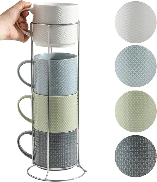Aeelleea Stackable Ceramic Coffee Mugs Set with Metal Rack,15oz Embossed Latte Cups with Handle for Tea Cappuccino,Multi Color