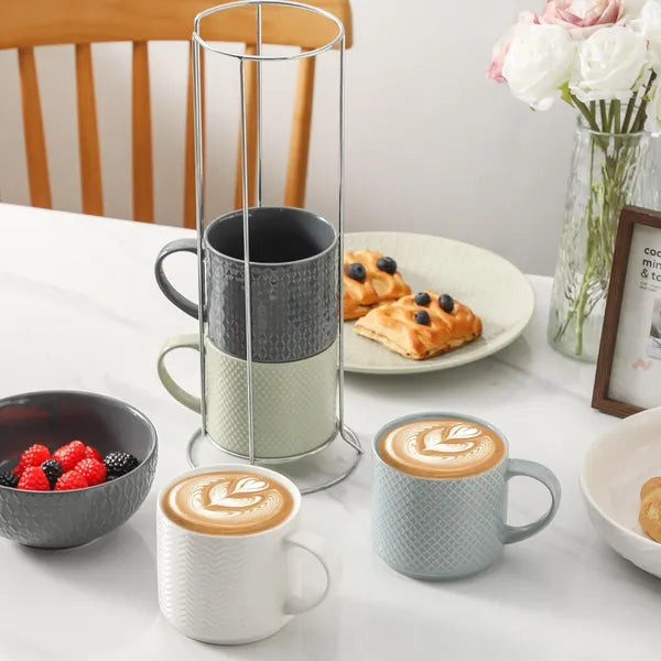 Aeelleea Stackable Ceramic Coffee Mugs Set with Metal Rack,15oz Embossed Latte Cups with Handle for Tea Cappuccino,Multi Color
