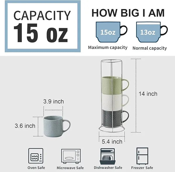 Aeelleea Stackable Ceramic Coffee Mugs Set with Metal Rack,15oz Embossed Latte Cups with Handle for Tea Cappuccino,Multi Color