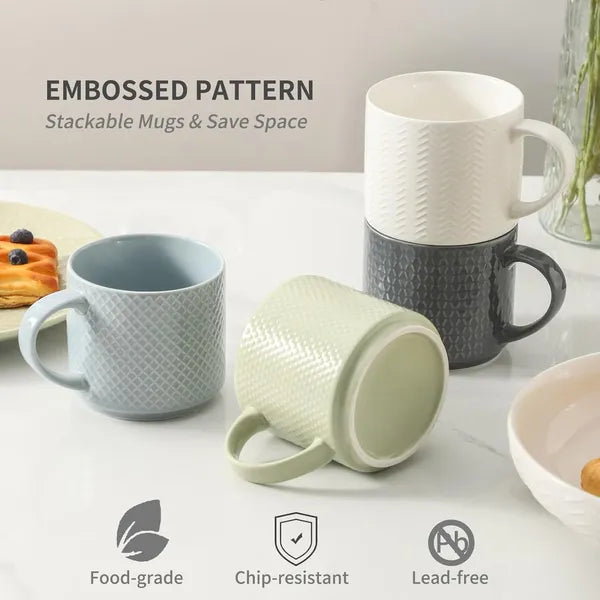 Aeelleea Stackable Ceramic Coffee Mugs Set with Metal Rack,15oz Embossed Latte Cups with Handle for Tea Cappuccino,Multi Color