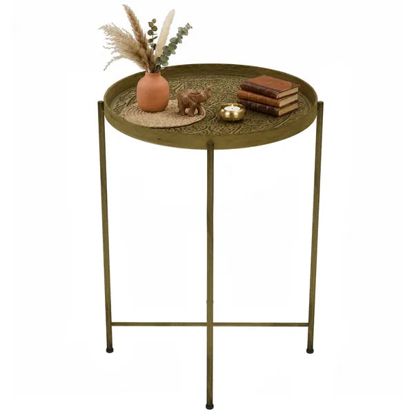 Aeelleea 18 Inch Round Coffee Table, Gold Hammered Tray Top Metal Frame Vintage Center Table for Living Room