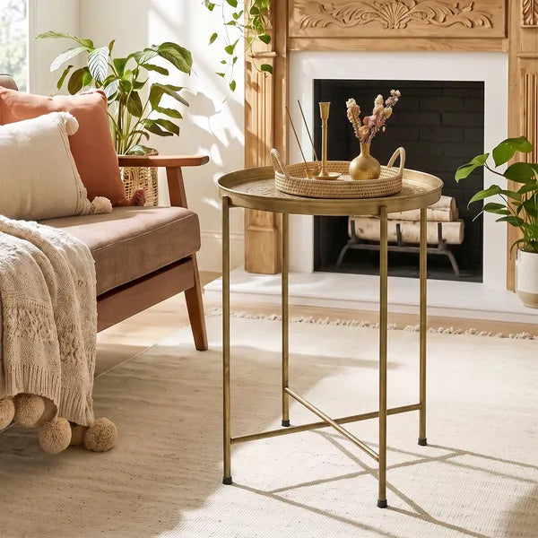 Aeelleea 18 Inch Round Coffee Table, Gold Hammered Tray Top Metal Frame Vintage Center Table for Living Room