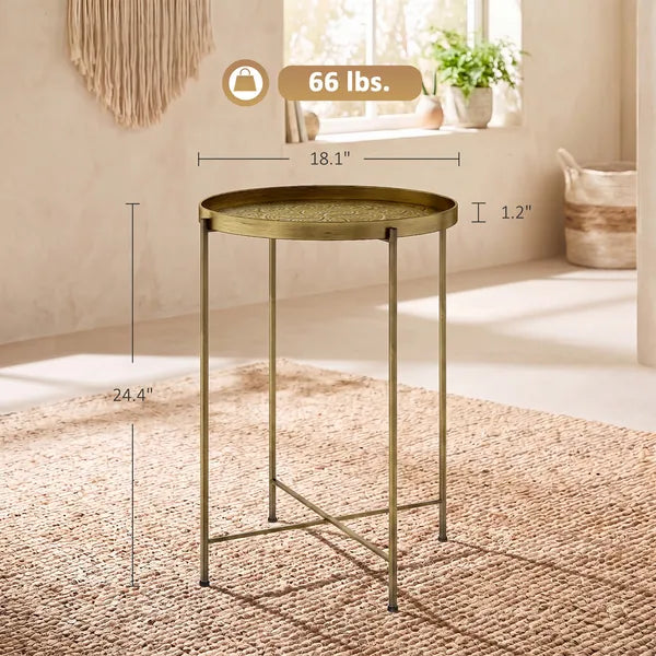 Aeelleea 18 Inch Round Coffee Table, Gold Hammered Tray Top Metal Frame Vintage Center Table for Living Room