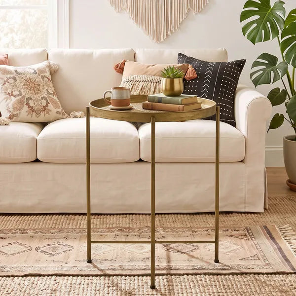 Aeelleea 18 Inch Round Coffee Table, Gold Hammered Tray Top Metal Frame Vintage Center Table for Living Room