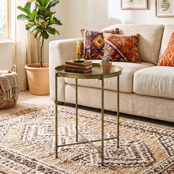 Aeelleea 18 Inch Round Coffee Table, Gold Hammered Tray Top Metal Frame Vintage Center Table for Living Room