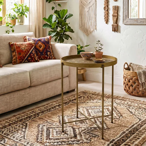 Aeelleea 18 Inch Round Coffee Table, Gold Hammered Tray Top Metal Frame Vintage Center Table for Living Room