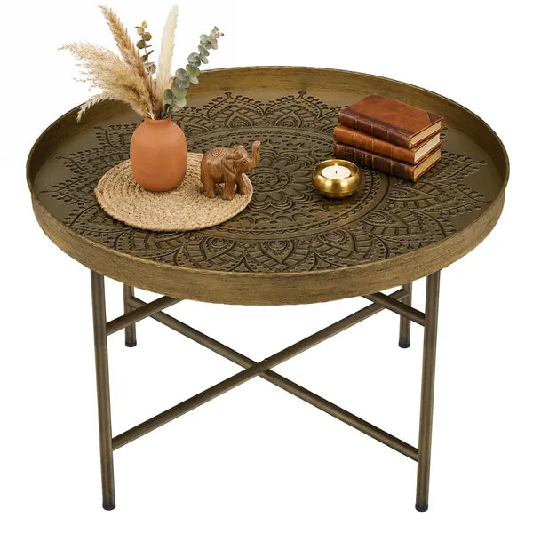 Aeelleea 24 Inch Round Coffee Table, Gold Hammered Tray Top Metal Frame Vintage Center Table for Living Room