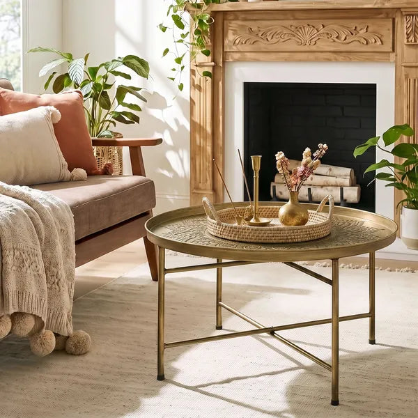 Aeelleea 24 Inch Round Coffee Table, Gold Hammered Tray Top Metal Frame Vintage Center Table for Living Room