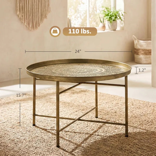 Aeelleea 24 Inch Round Coffee Table, Gold Hammered Tray Top Metal Frame Vintage Center Table for Living Room