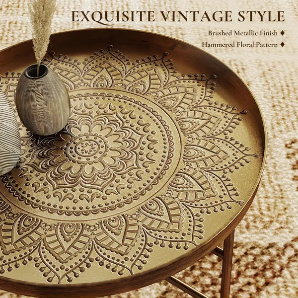 Aeelleea 24 Inch Round Coffee Table, Gold Hammered Tray Top Metal Frame Vintage Center Table for Living Room