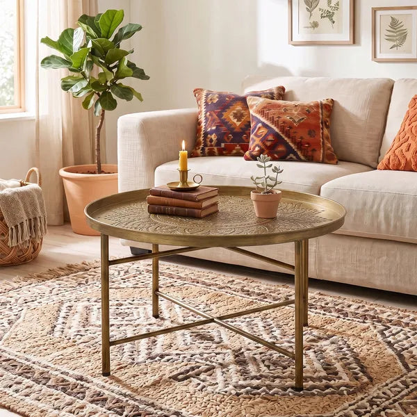 Aeelleea 24 Inch Round Coffee Table, Gold Hammered Tray Top Metal Frame Vintage Center Table for Living Room