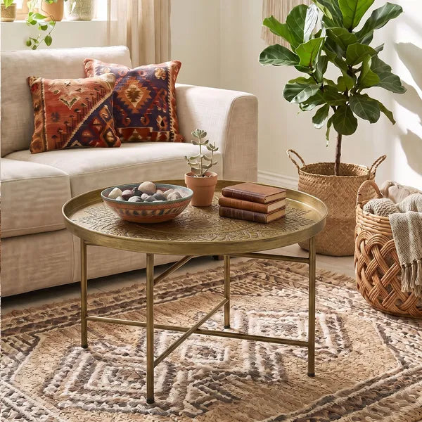 Aeelleea 24 Inch Round Coffee Table, Gold Hammered Tray Top Metal Frame Vintage Center Table for Living Room