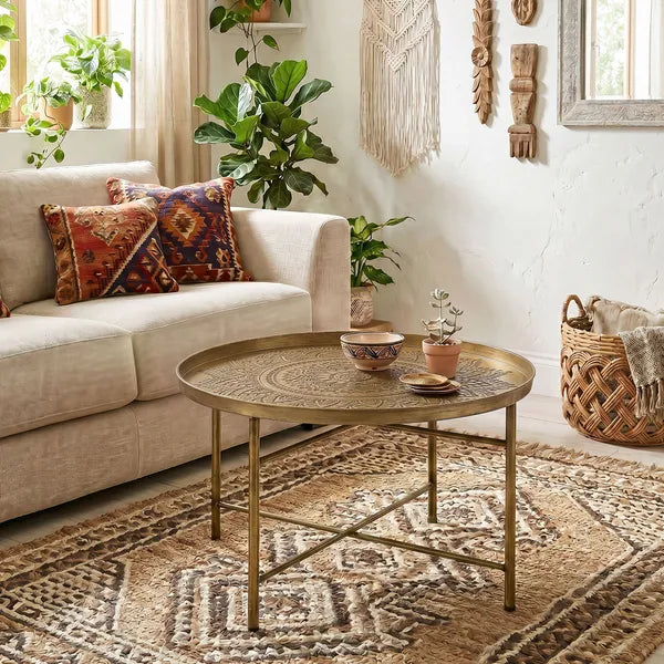 Aeelleea 24 Inch Round Coffee Table, Gold Hammered Tray Top Metal Frame Vintage Center Table for Living Room